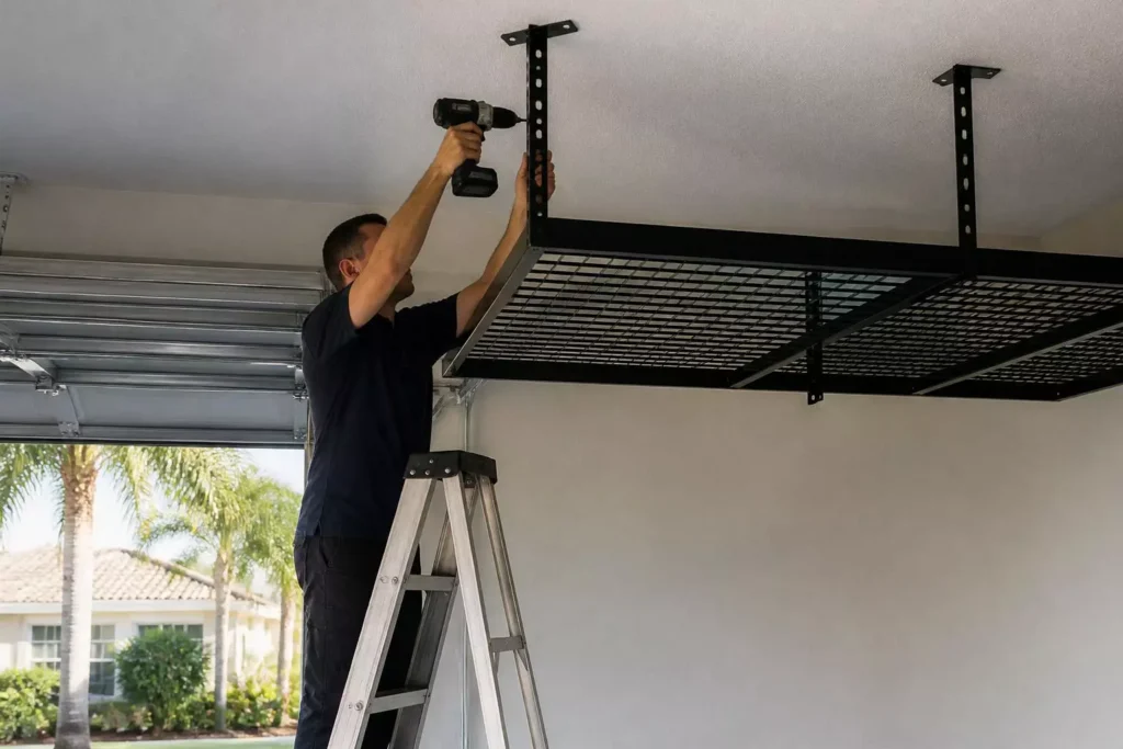 Professional overhead rack installation in a Naples garage