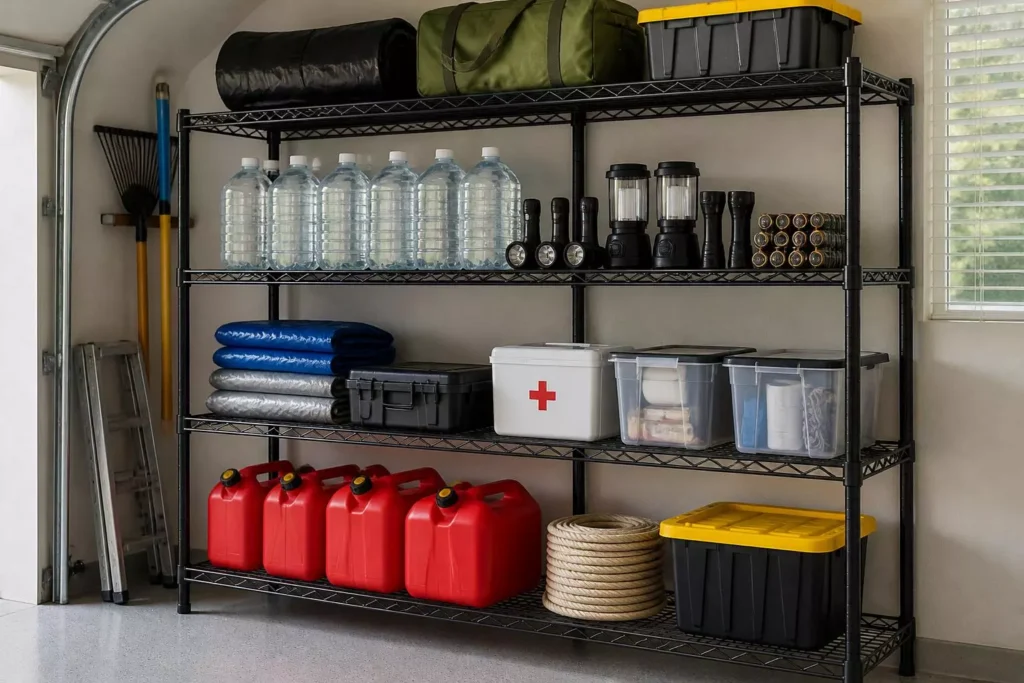 Hurricane supplies organized on heavy-duty garage wall shelves