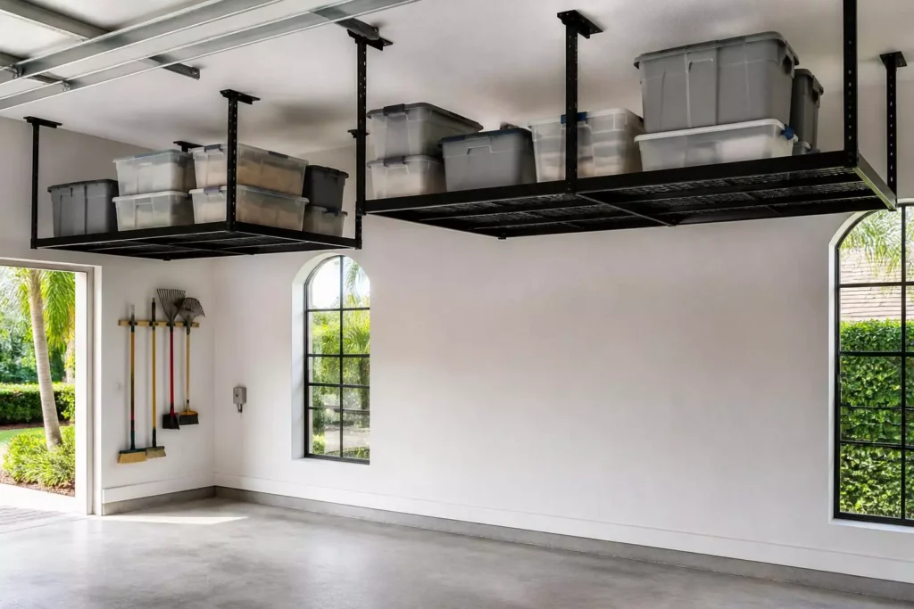 Overhead garage racks keeping storage bins above flood level