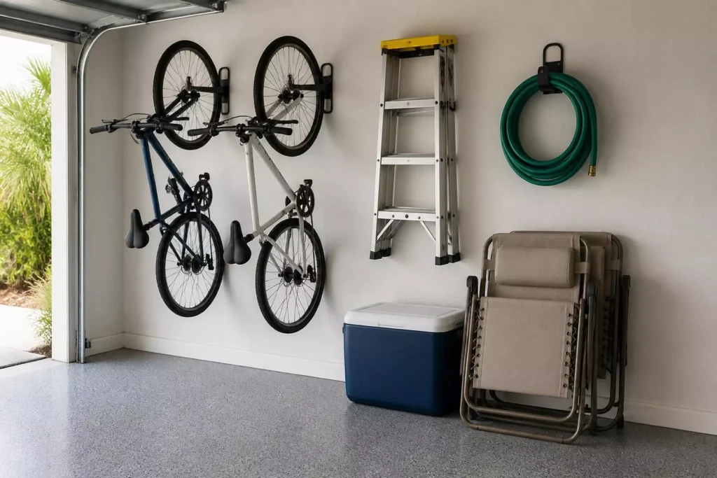 Bikes and ladder hung on garage hooks during storm preparation