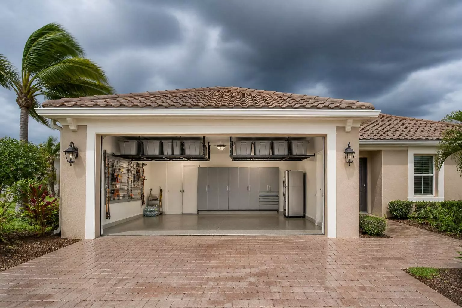 Florida home garage with overhead storage racks before a hurricane